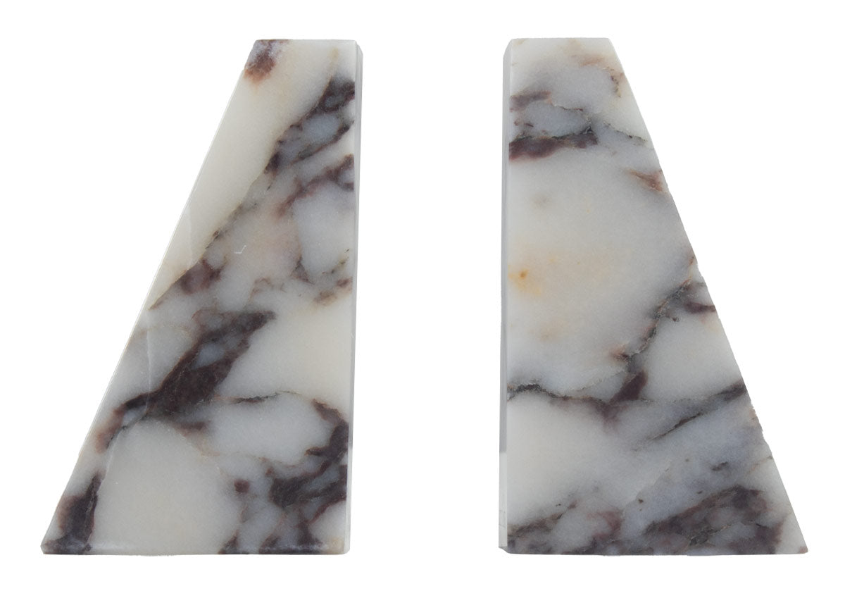 Masterfully carved marble bookends, featured in calacatta viola. 