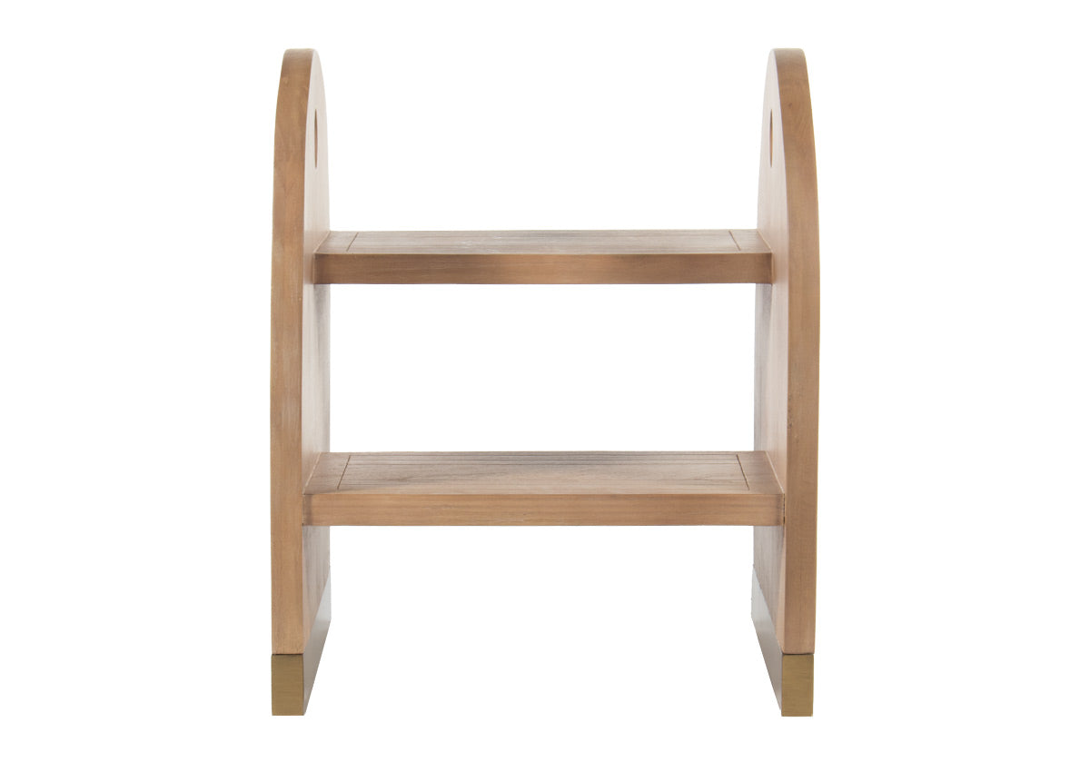 This step stool is the ideal balance of function and sophistication. Its beautifully rounded wood form, complemented by its two brass capped sled base and matching hardware, blends seamlessly into closets, pantries, kid's baths, and kitchens. Its elegant design styles effortlessly for a timeless, elevated look.