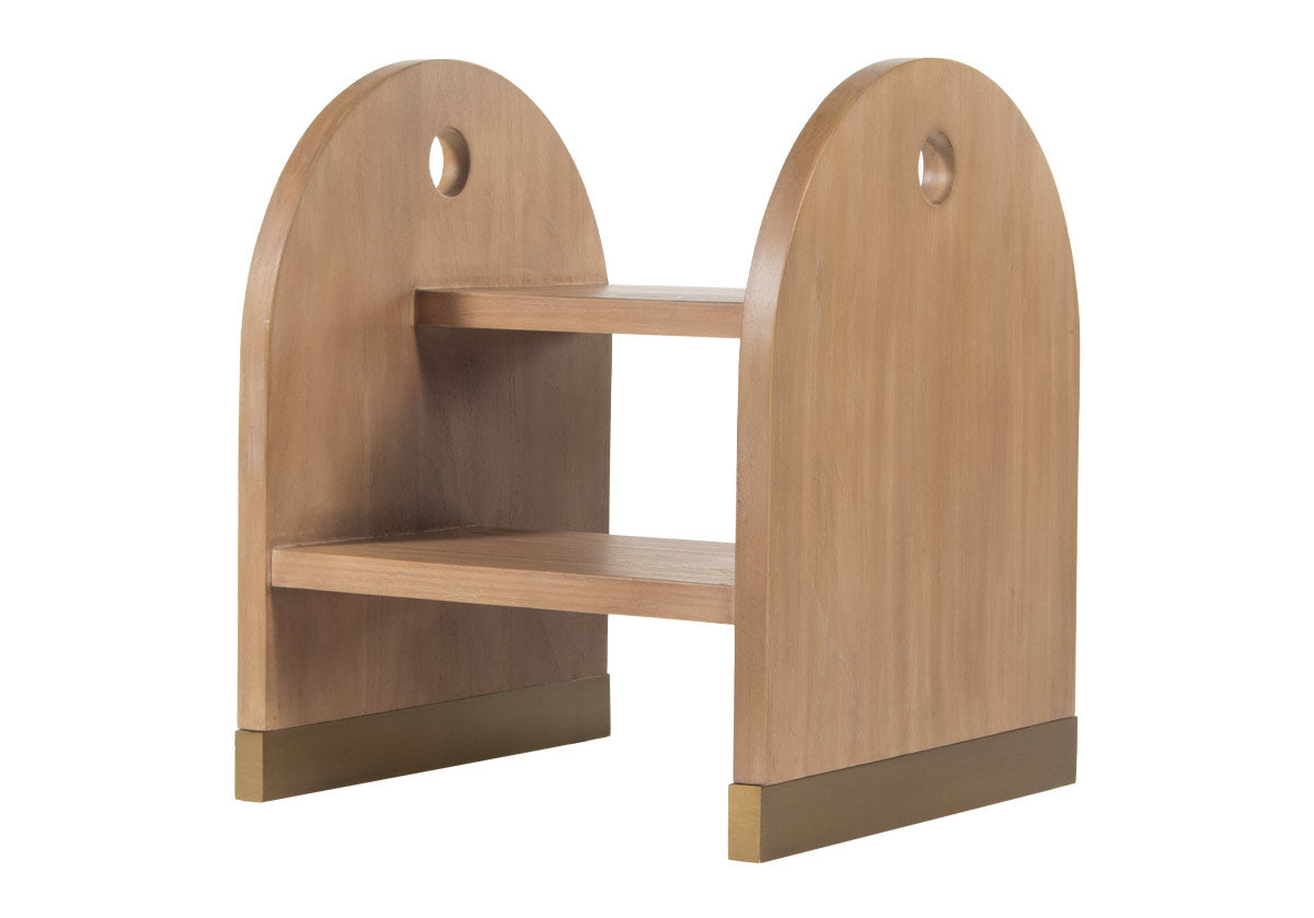 This step stool is the ideal balance of function and sophistication. Its beautifully rounded wood form, complemented by its two brass capped sled base and matching hardware, blends seamlessly into closets, pantries, kid's baths, and kitchens. Its elegant design styles effortlessly for a timeless, elevated look.