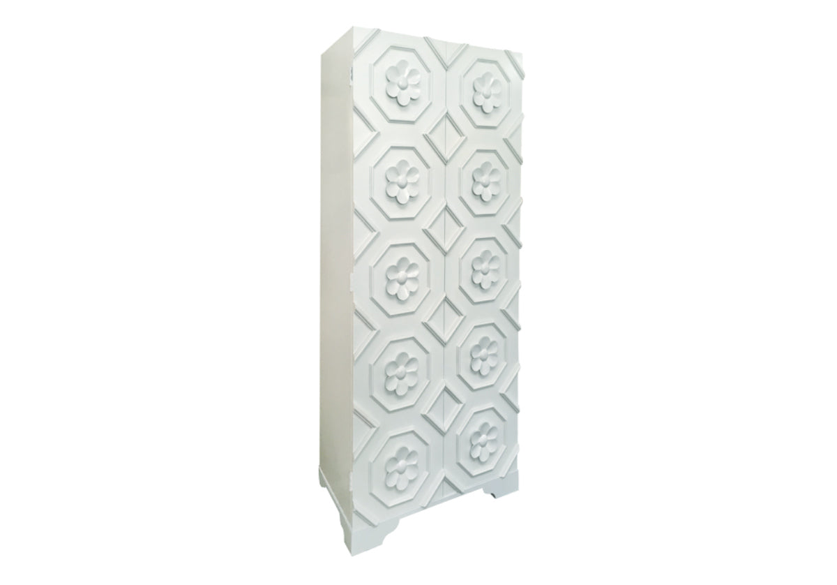 tall white cabinet with large flowers inside geometric shapes