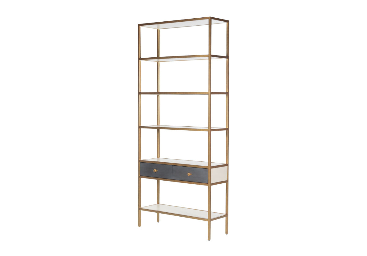 side way photo of the albert etagere with brass hardware. 