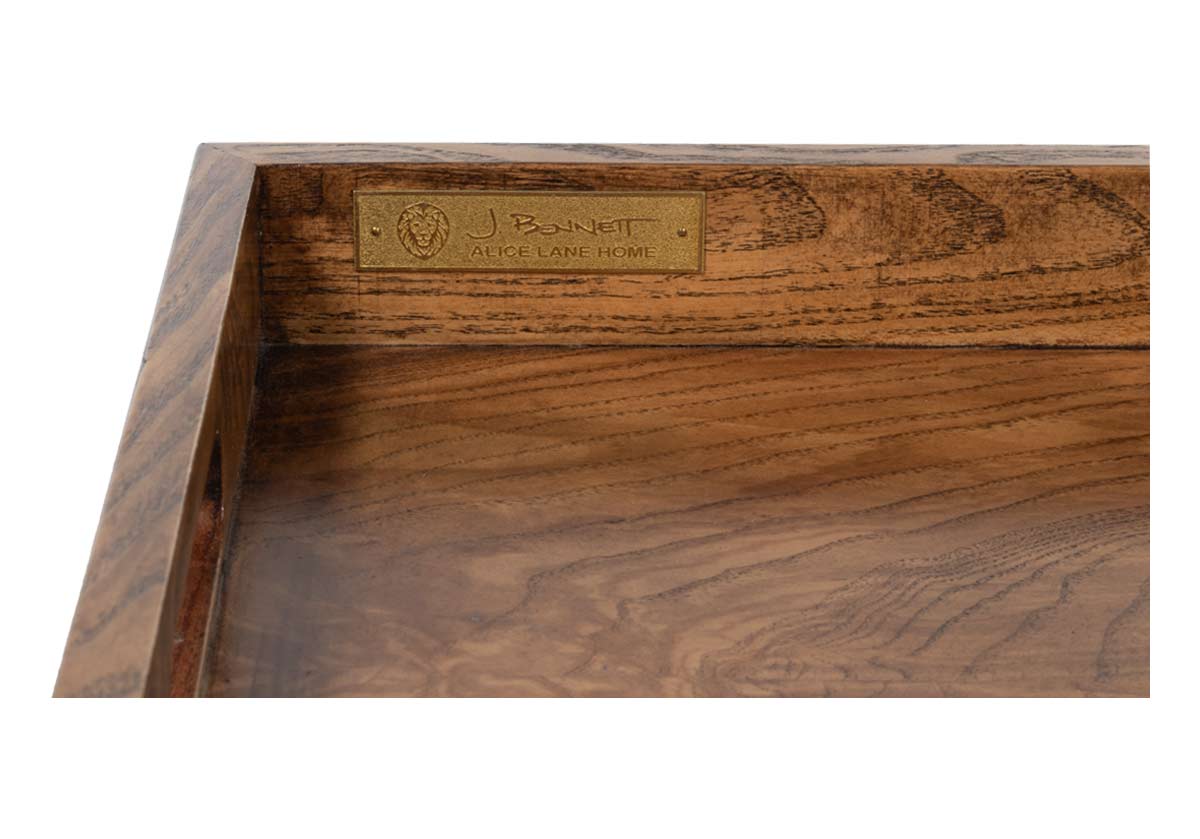 Close up of J Bennett alice lane home signature inside ash burled box. 