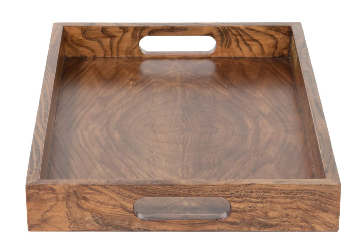 photo of small ash burled tray, square wooden decorative box. 