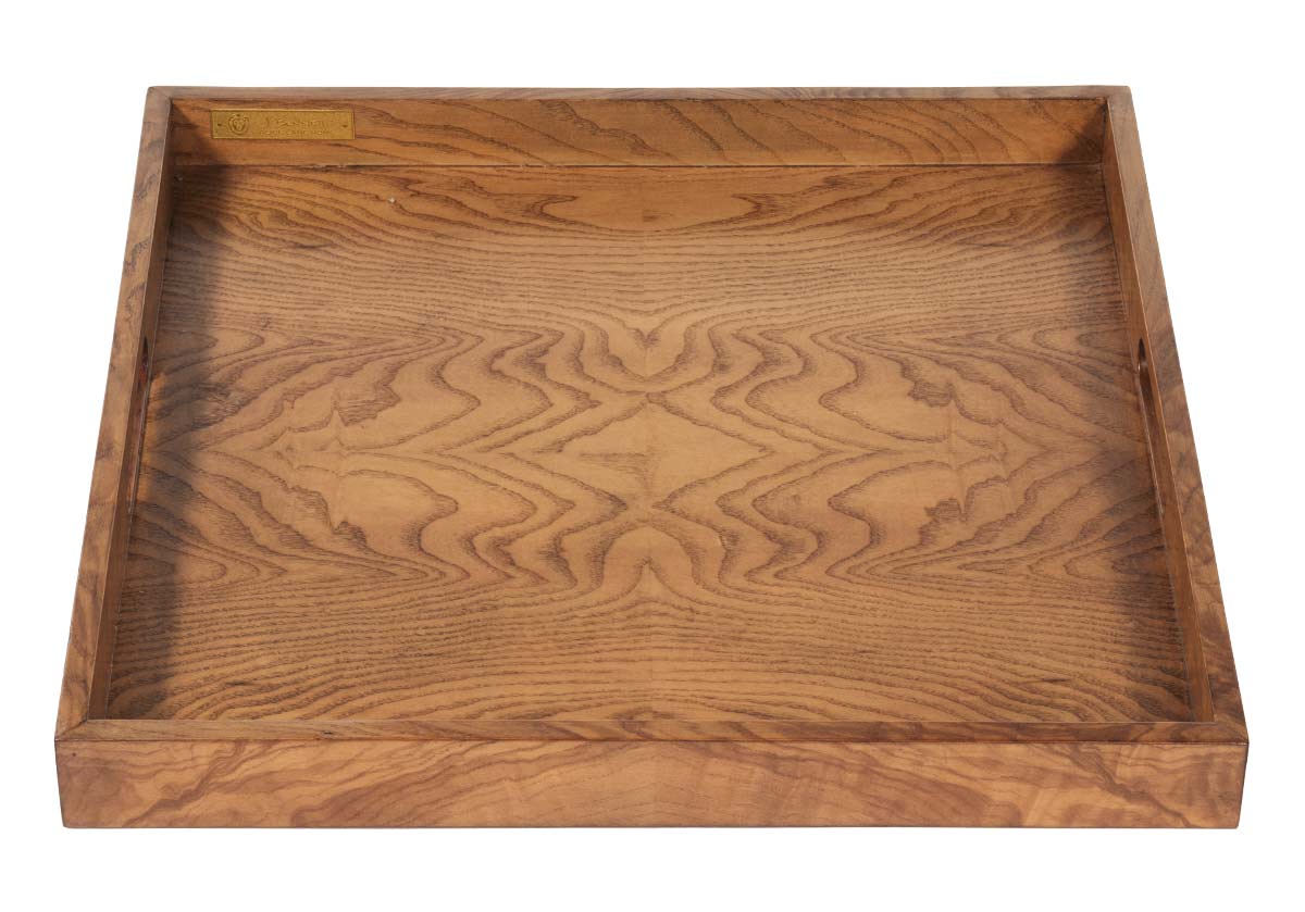 photo of large square ash burled tray. 