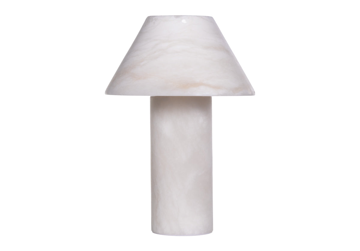 athena alabaster lamp pictured on white backdrop. 