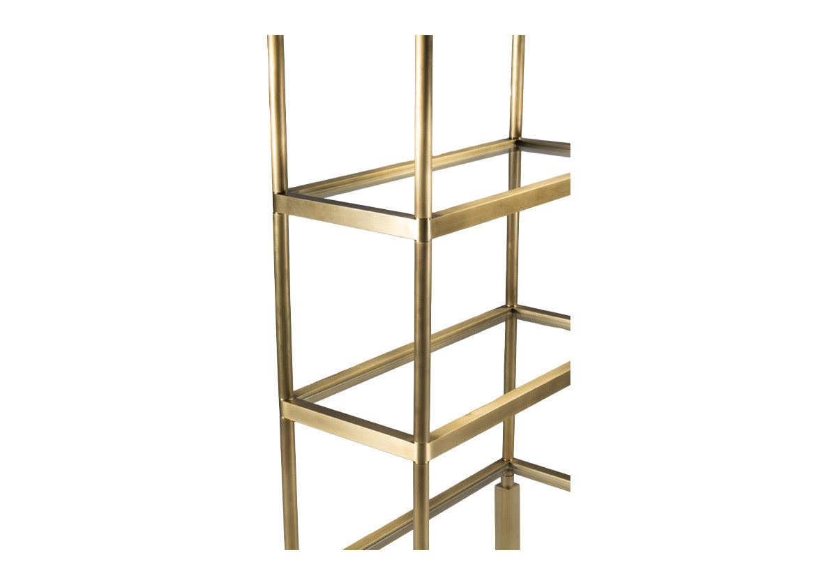 close up of beatrice brass etagere, focused on corner and middle of glass shelves.