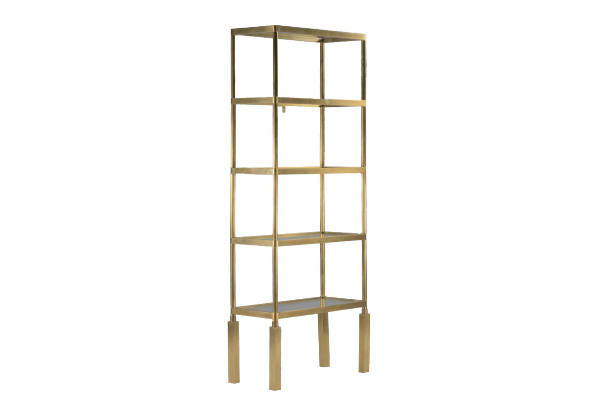 full scale photo of beatrice brass etagere, with glass shelves. 