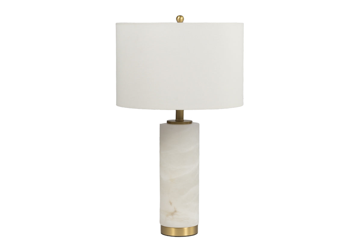 view of full lamp. white and marble with gold lamp. 