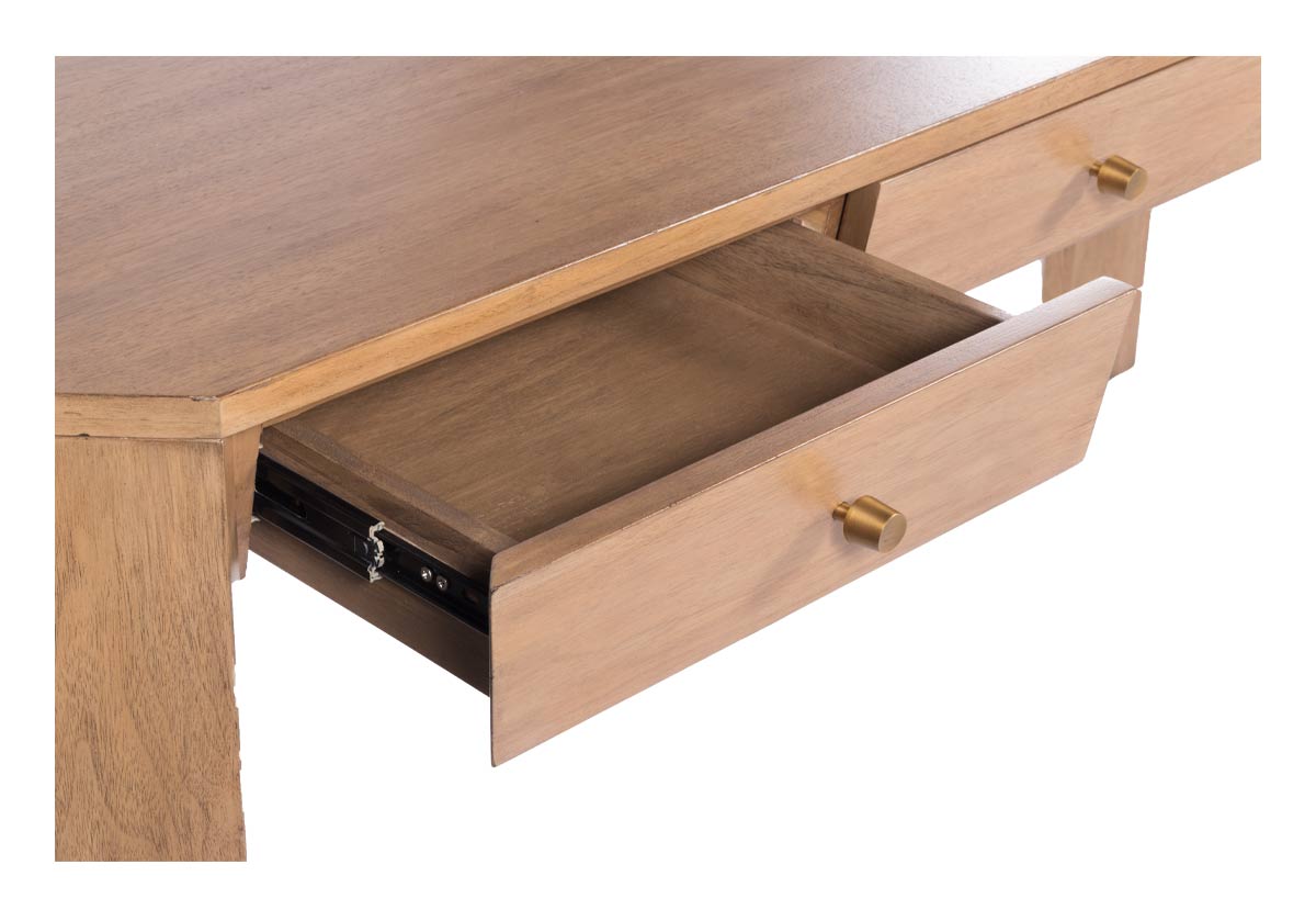 open drawer of the Brooklyn Desk showcases a beautiful bleached walnut finish set on a walnut composite base. Its clean-lined from is subtly contrasted by angled drawers with petite bronze knobs for added dimension and sophistication. Easily style at the foot of a bed or in an office for an eye-catching design.