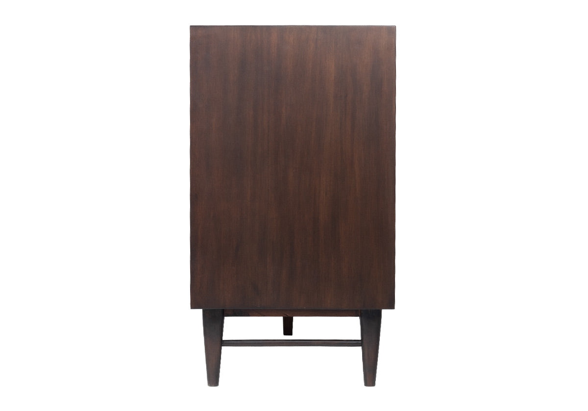 The Frank Sideboard gives an elevated, mid-century feel with its handsome design. Its dark mahogany box, doors, and drawers add a rich sophistication to any room. Organic-shaped bronzed knobs provide additional dimension complemented by ample hidden storage. Style in a living room, dining room, office, or bedroom for a one-of-a-kind design.