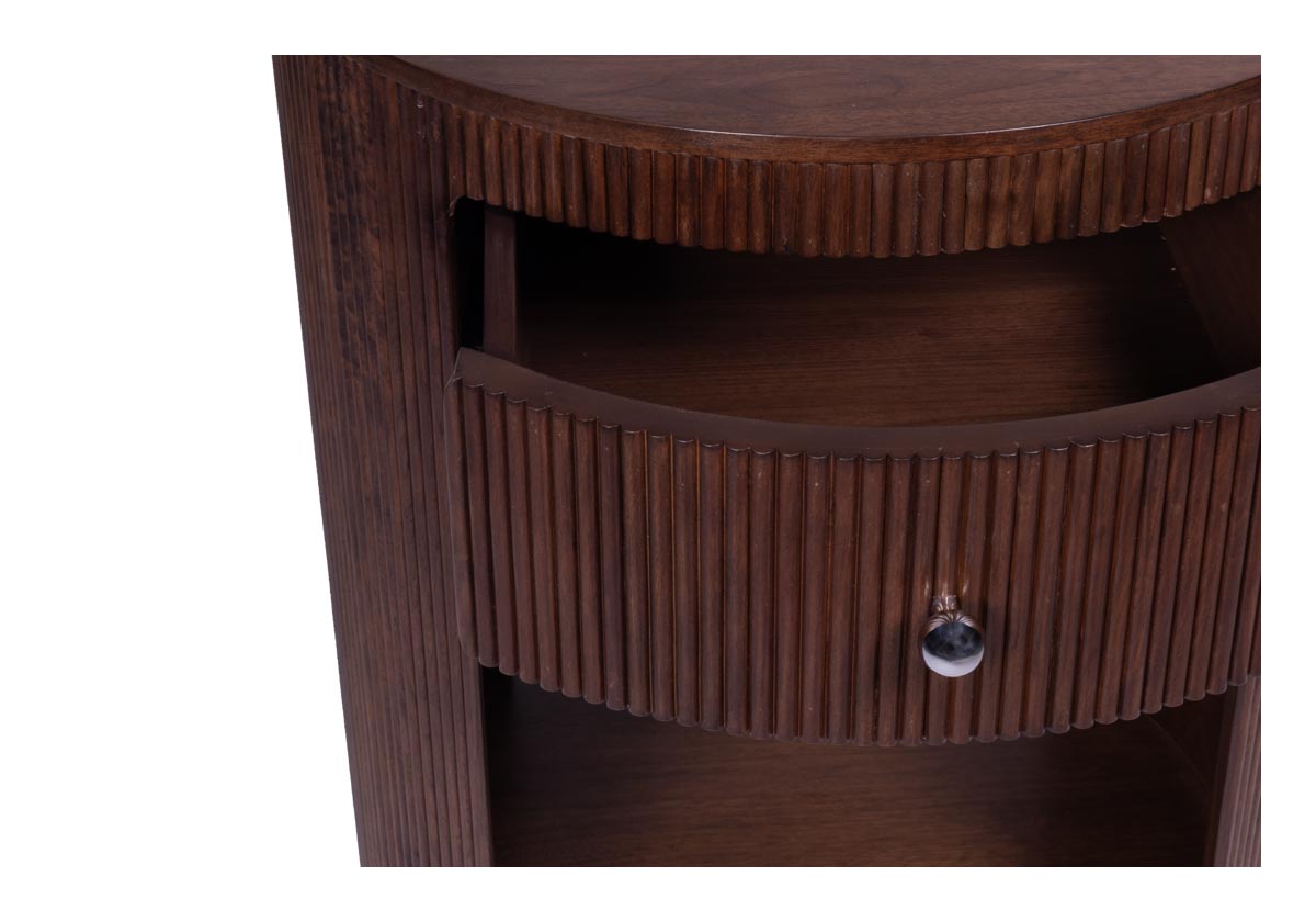 studio photo of the cleo nightstand with an open drawer and silver hardware. 