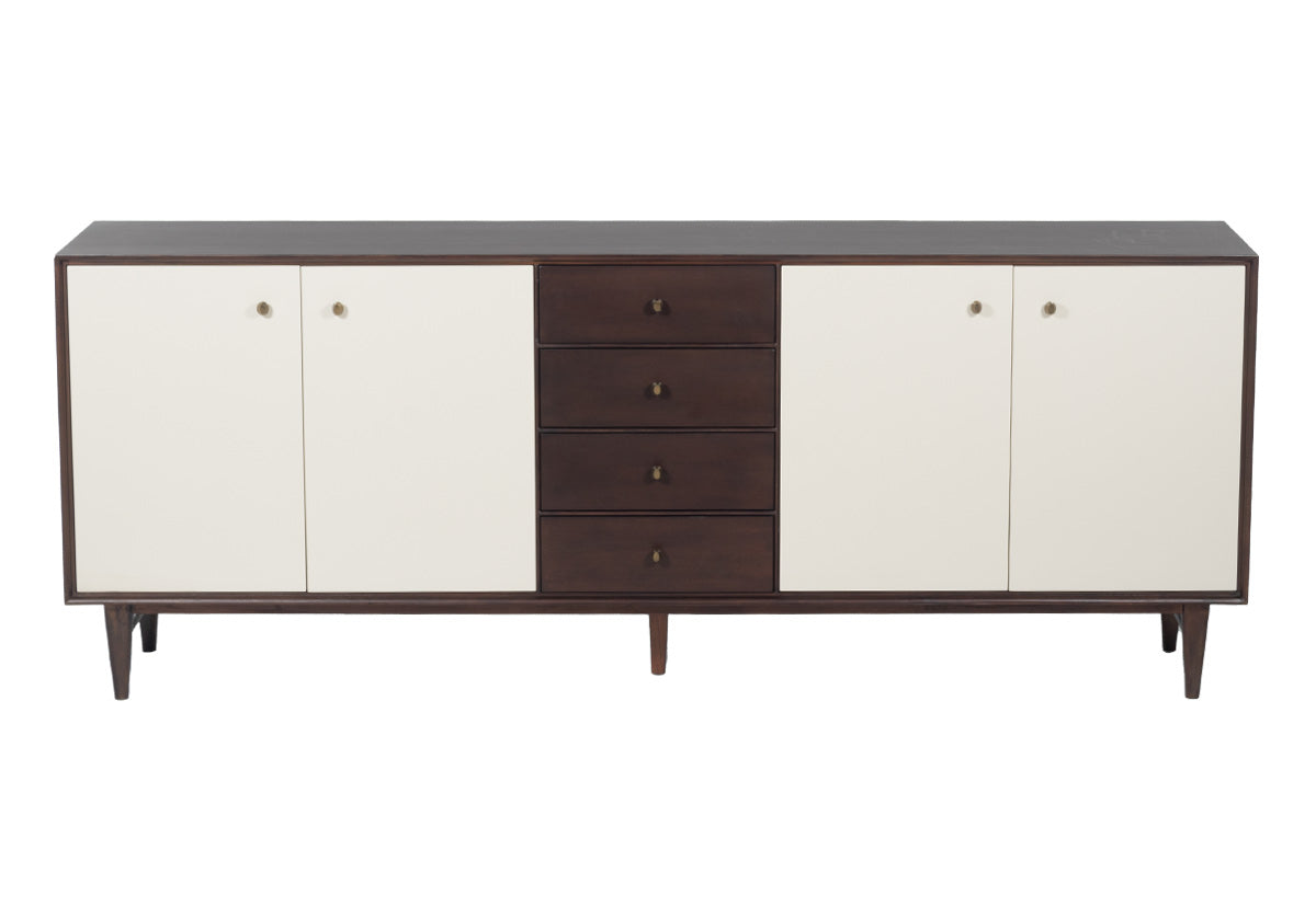 mahogany box and center drawers add a chic elegance, easily becoming the focal point in any room. Organic-shaped bronzed knobs provide additional dimension complemented by ample, hidden storage. 