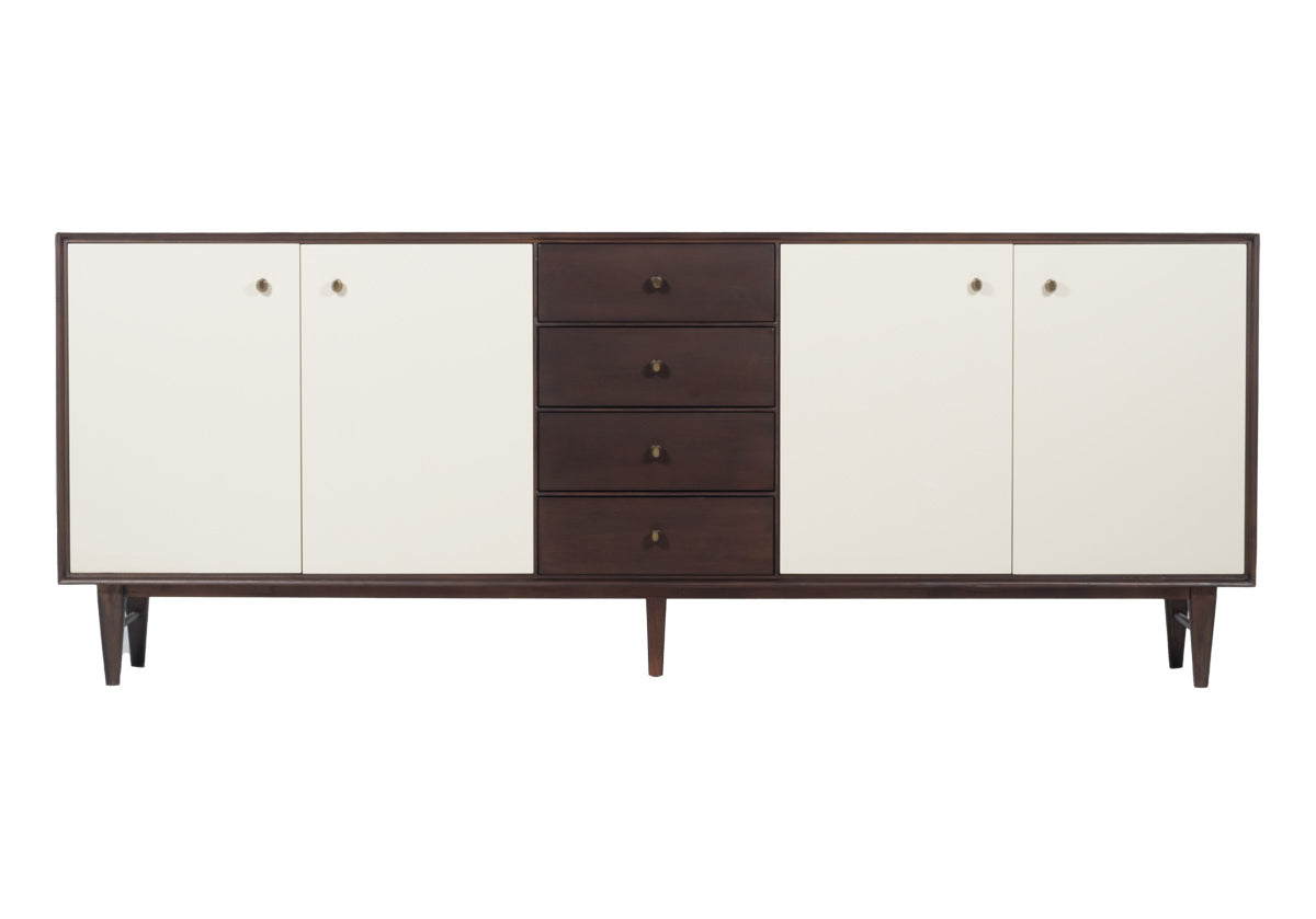 product photo of frances sideboard. with white doors bone doors against the dark mahogany wood.