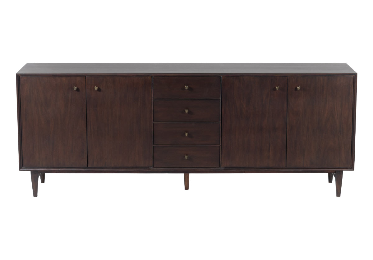 The Frank Sideboard gives an elevated, mid-century feel with its handsome design. Its dark mahogany box, doors, and drawers add a rich sophistication to any room. Organic-shaped bronzed knobs provide additional dimension complemented by ample hidden storage. Style in a living room, dining room, office, or bedroom for a one-of-a-kind design.