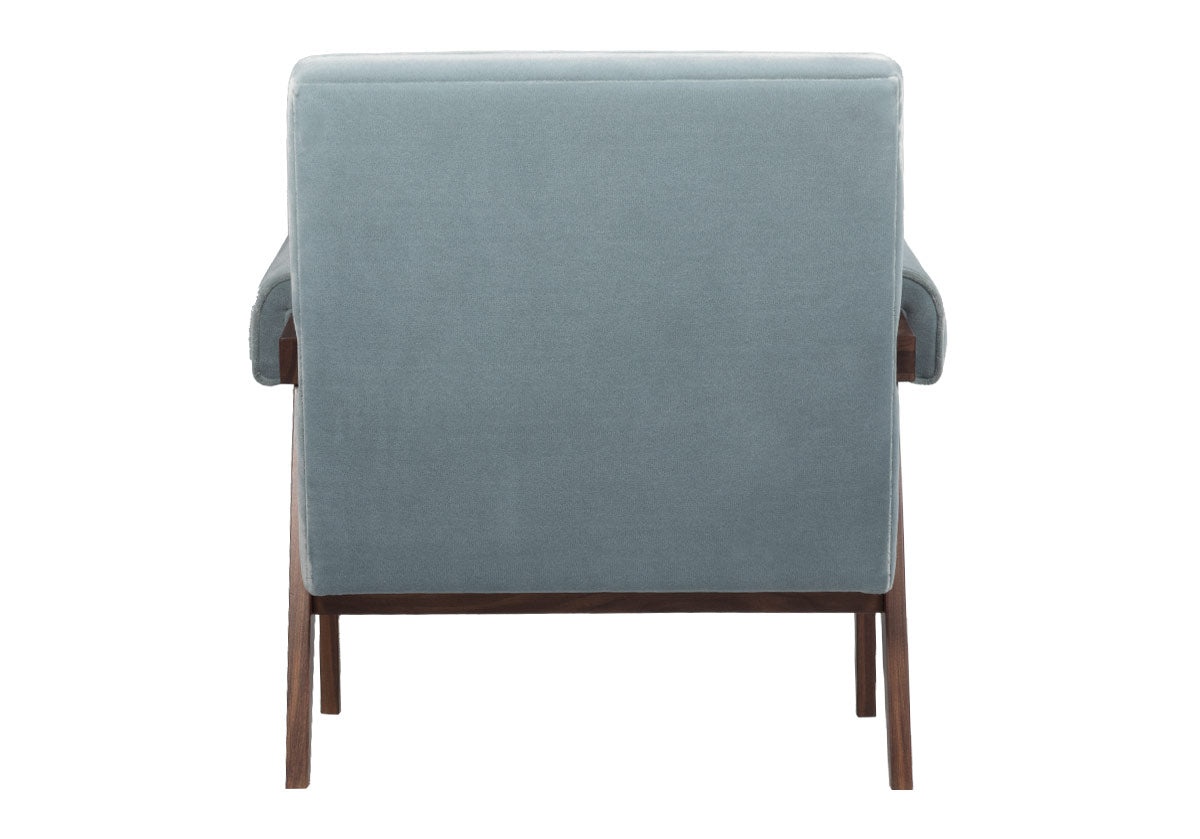 back view of jude lounge chair. a walnut-stained chair for living room complemented by comfortable Capri Blue faux mohair upholstery