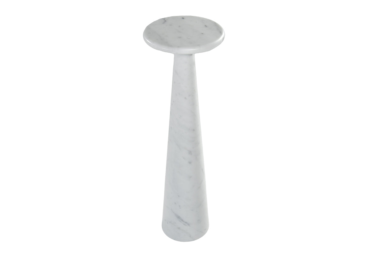 downward facing photo of small marble cocktail table. made of carrara white marble.