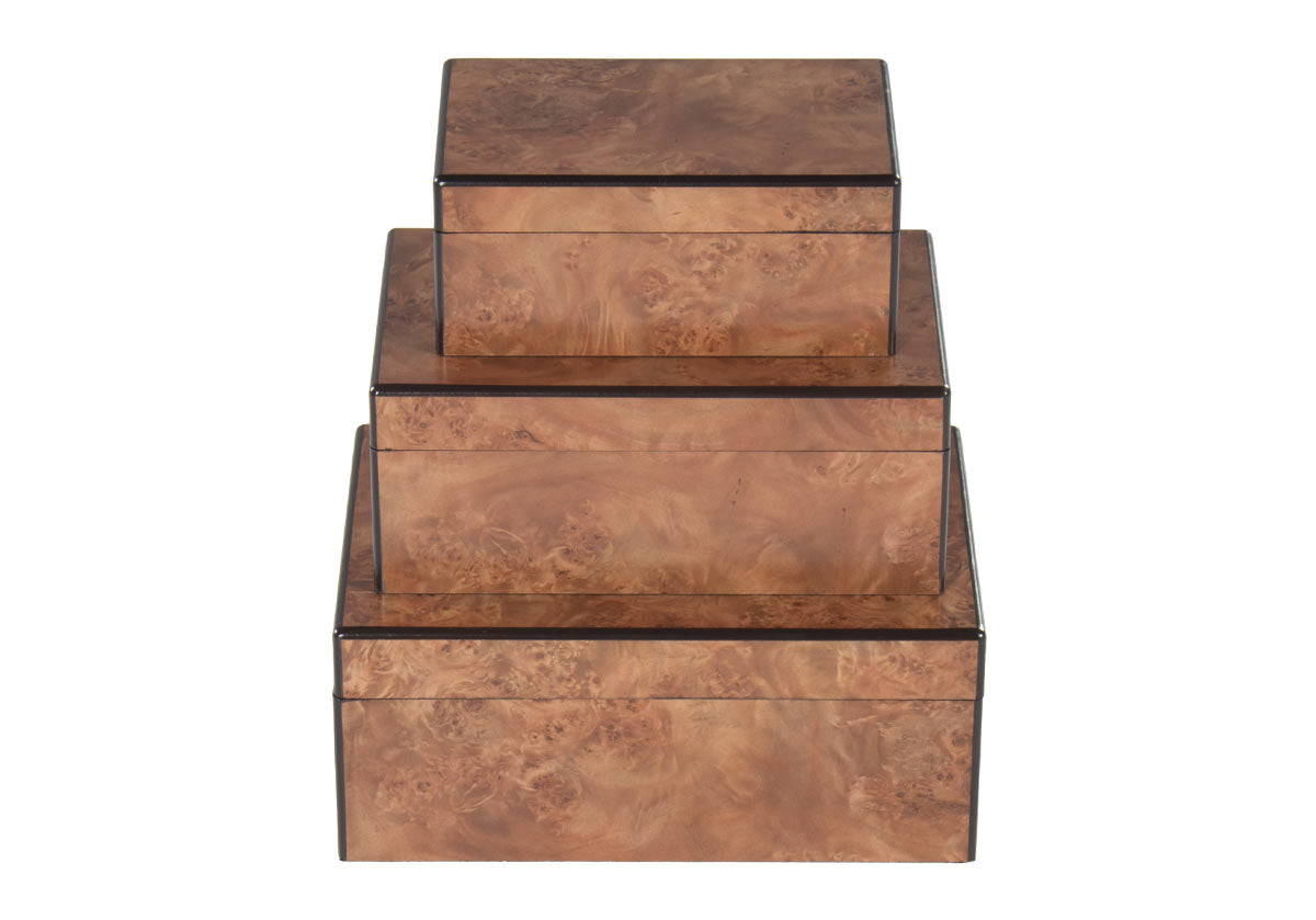 face down photo of matte burl boxes, three placed on top of each other. 