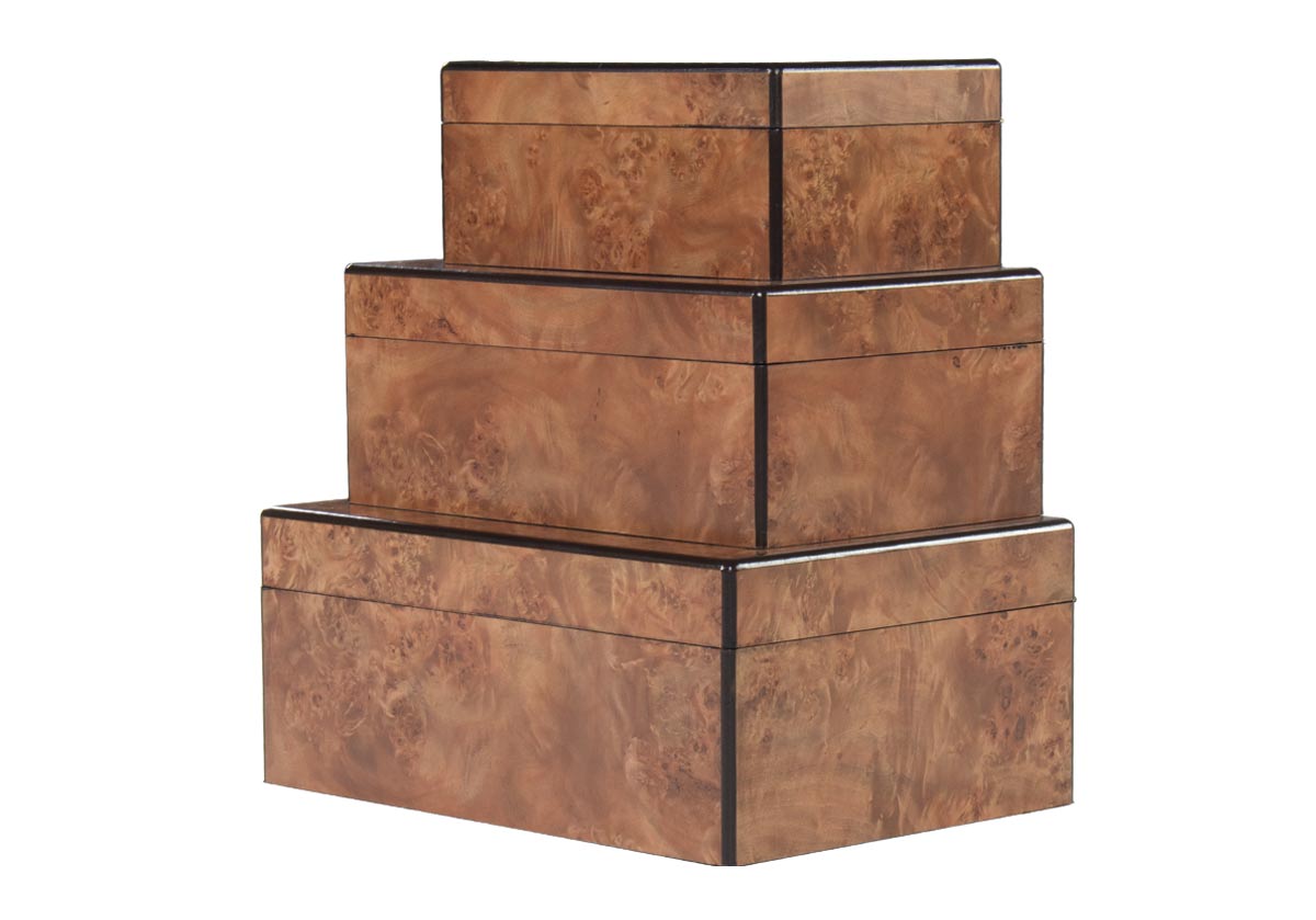 product photo of three matte burled boxes. small, medium, and large decorative boxes. 