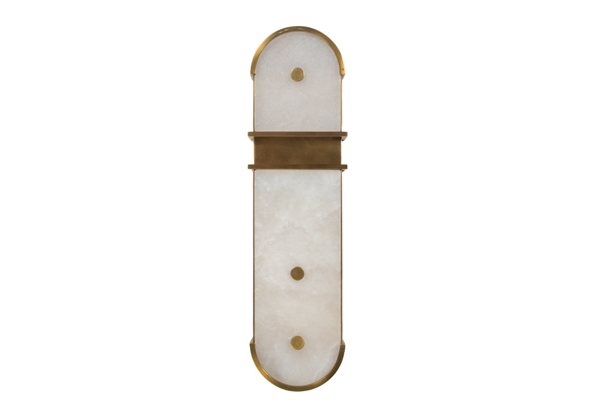 front facing picture of white and gold wall lamp, domino sconce. 