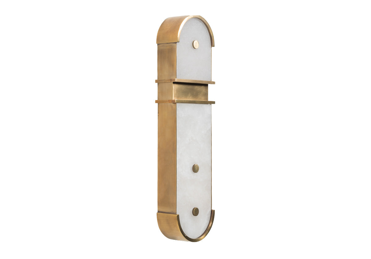 half sideways, half front facing domino sconce. white and gold wall lamp at alice lane. 