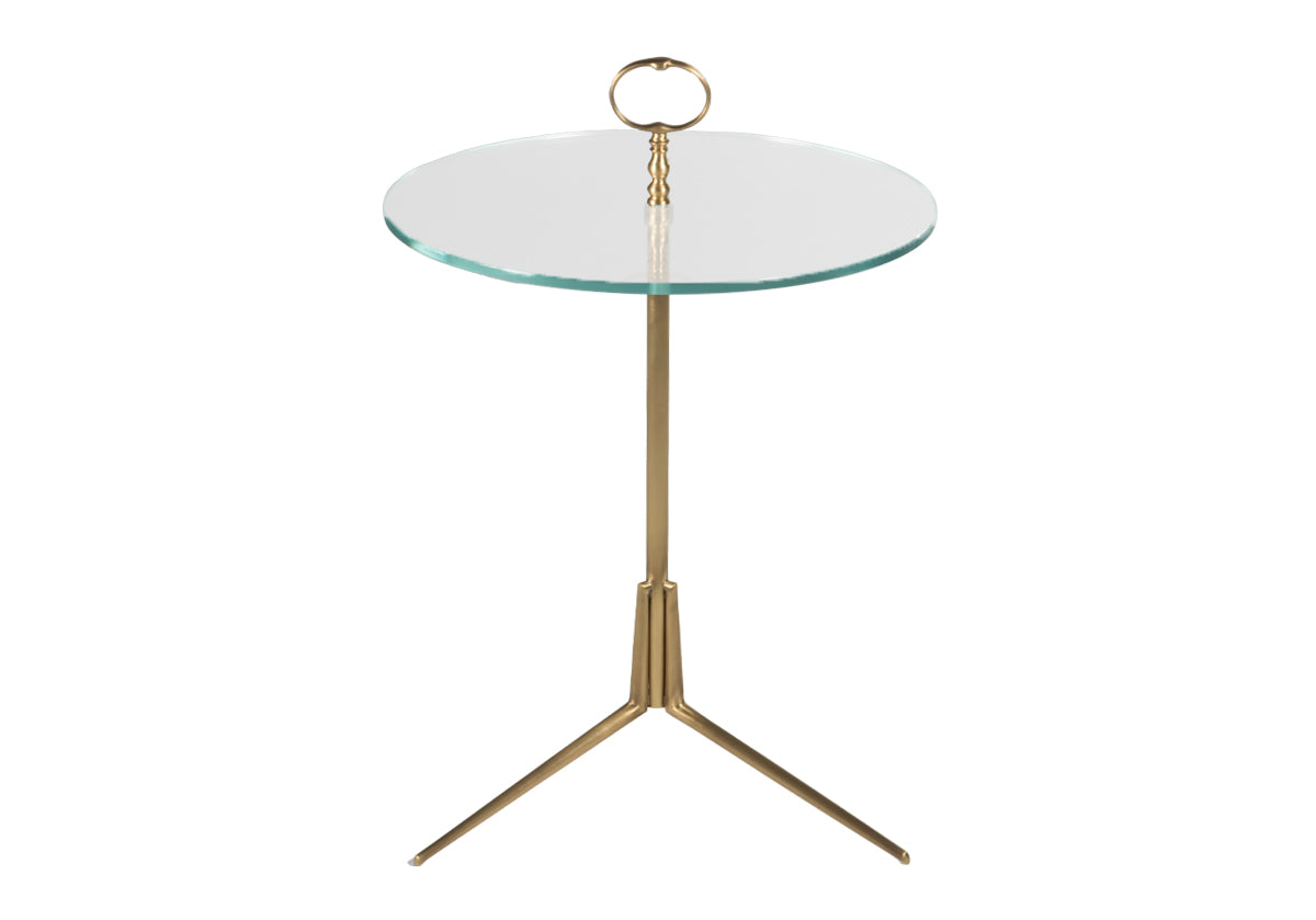 elegant side table made of brass with round glass top