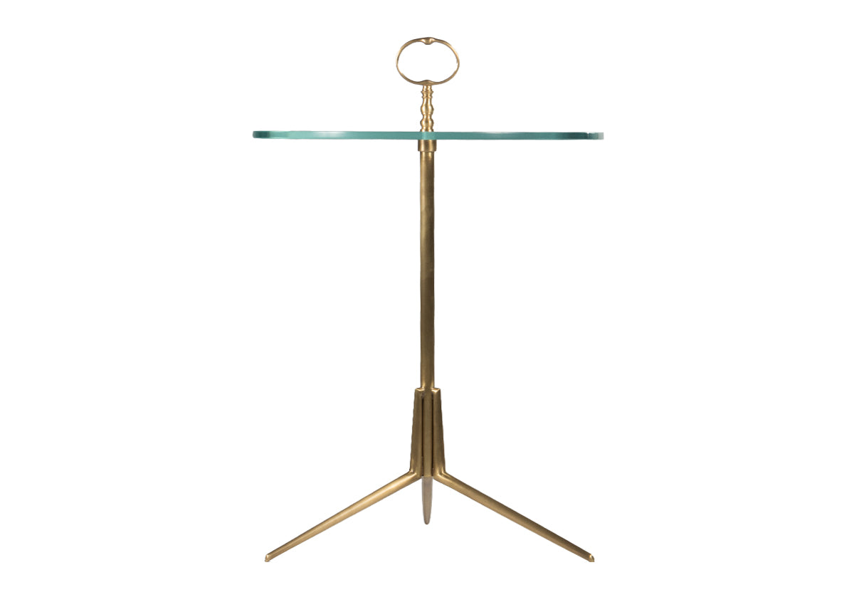 side view of shirley table made of brass, glass, rounded at the top