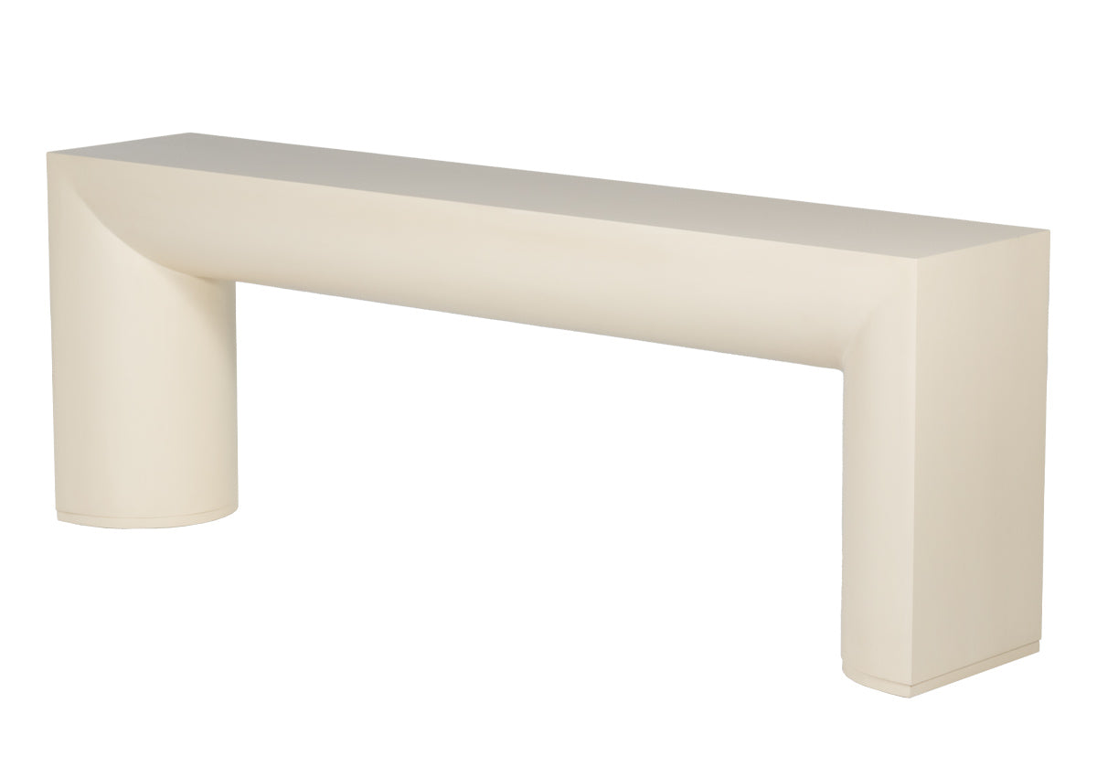 The Sloane Console features a large-scale open design. Its beautiful pairing of crisp, straight lines complements its deep, rounded underside creating balance, and sophistication, with unexpected curves. Its warm, cream color pairs well with a large art or mirror in an entryway or dining room, or style behind a sofa or sectional for an incredible addition.