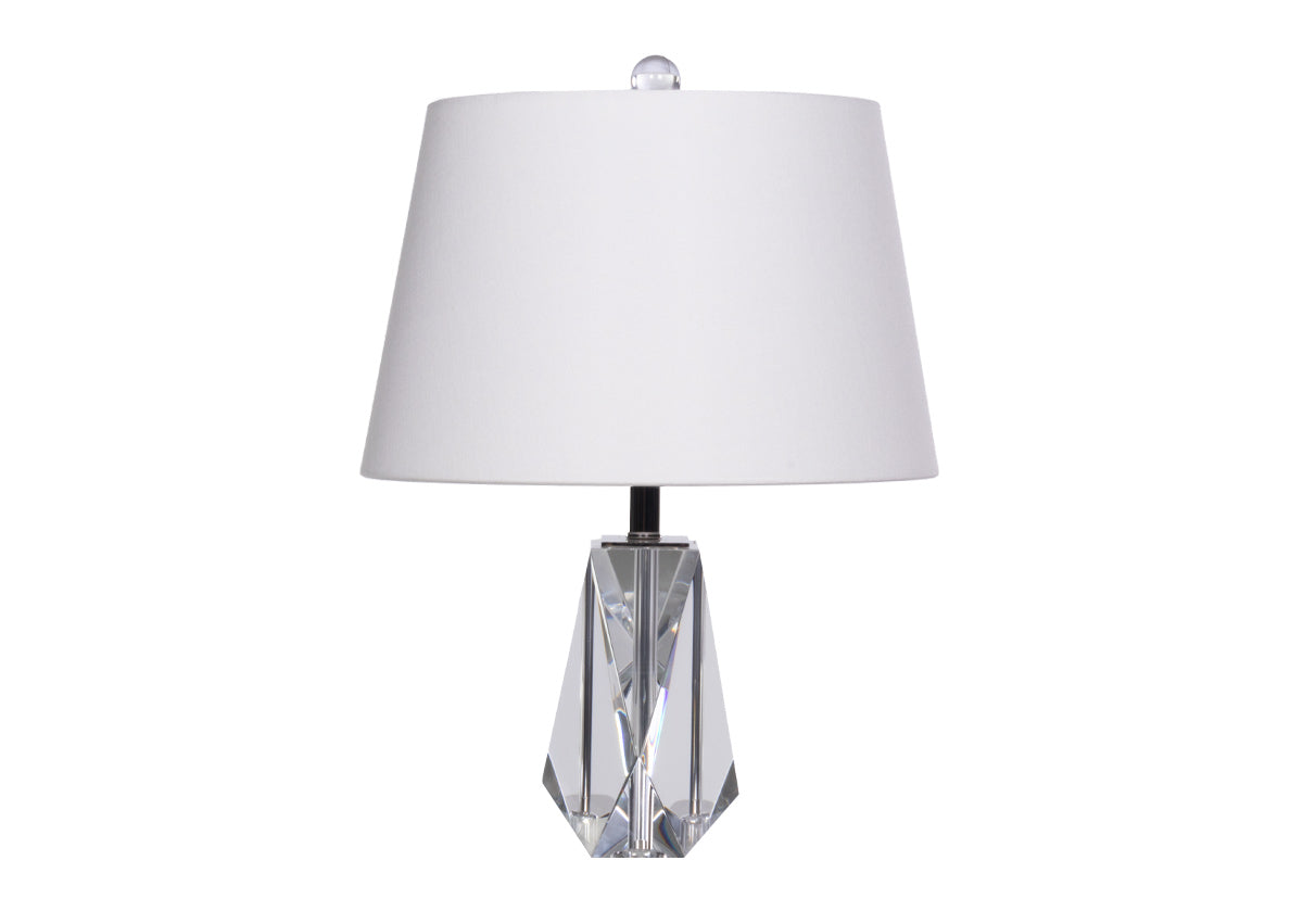 the birdie lamp has a solid K1 crystal base, petite size, and round linen shade.