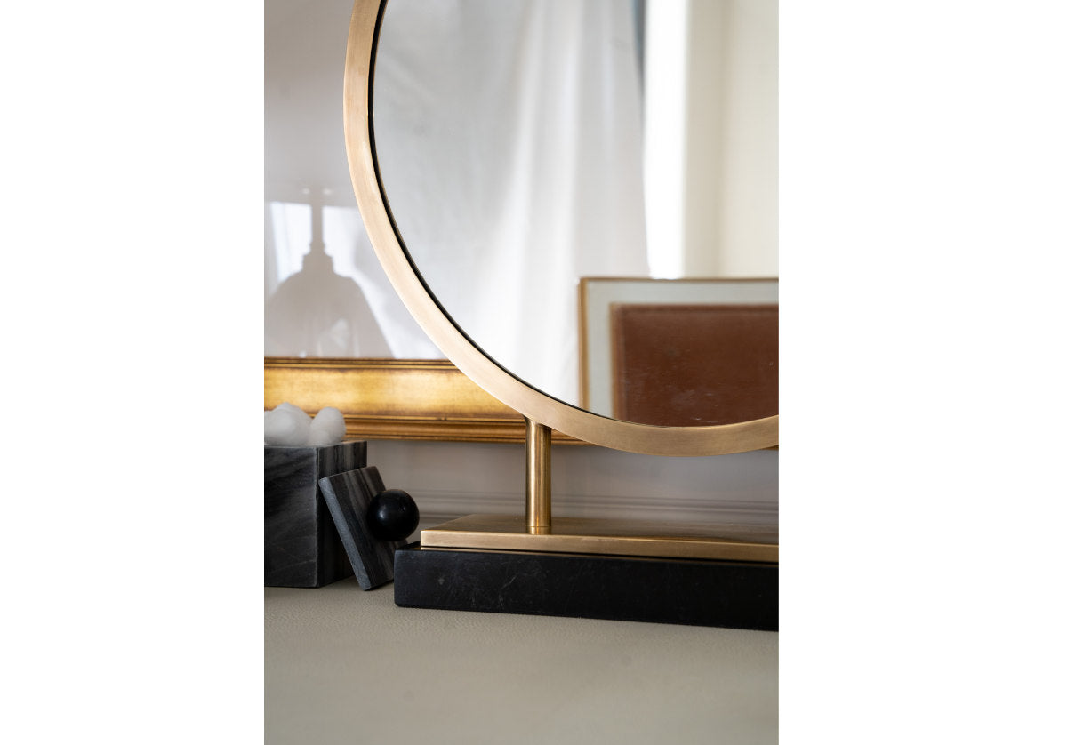 closeup of brass alice vanity mirror 