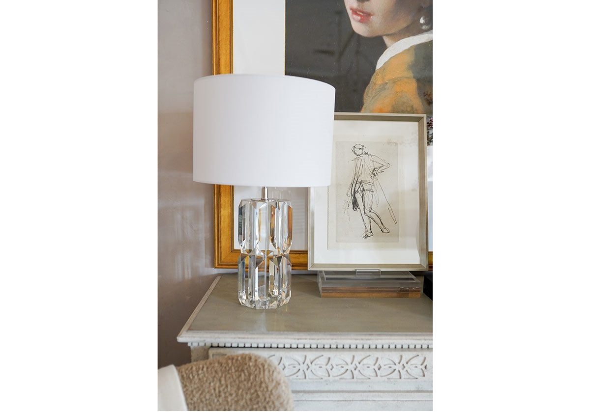 lifestyle shot of the beverly lamp on a dresser. 