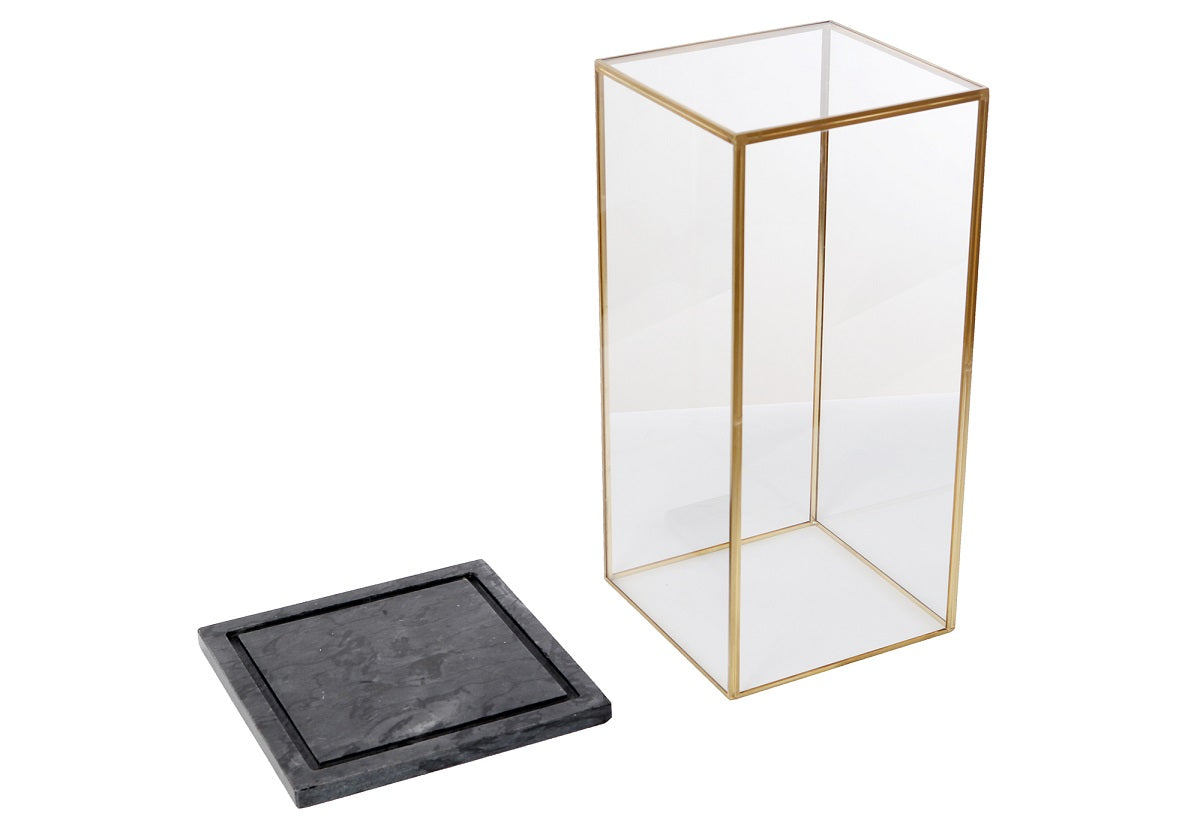 product photo of the brass glass display box. 