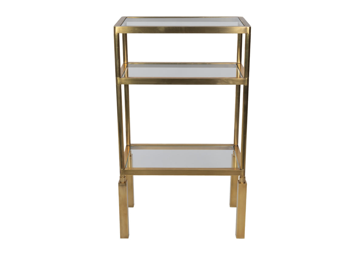 top down facing photo of the beatrice brass etagere with glass shelves. 