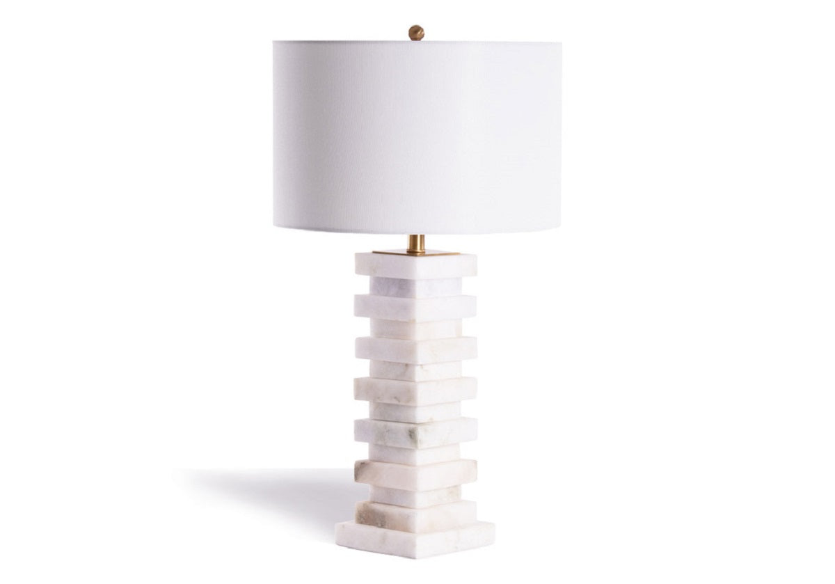 studio photo of the chester lamp on a white background. smooth white alabaster lamp with different levels. 