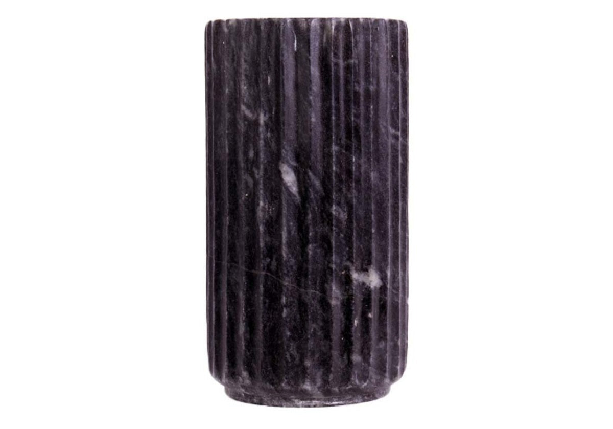 This attractive vase makes a statement with its dark coloring and textured, ribbed design. Its natural grey to black marbling lends an organic, individual look, beautifully styling with bright faux florals and greenery for a colorful, eye-catching look.